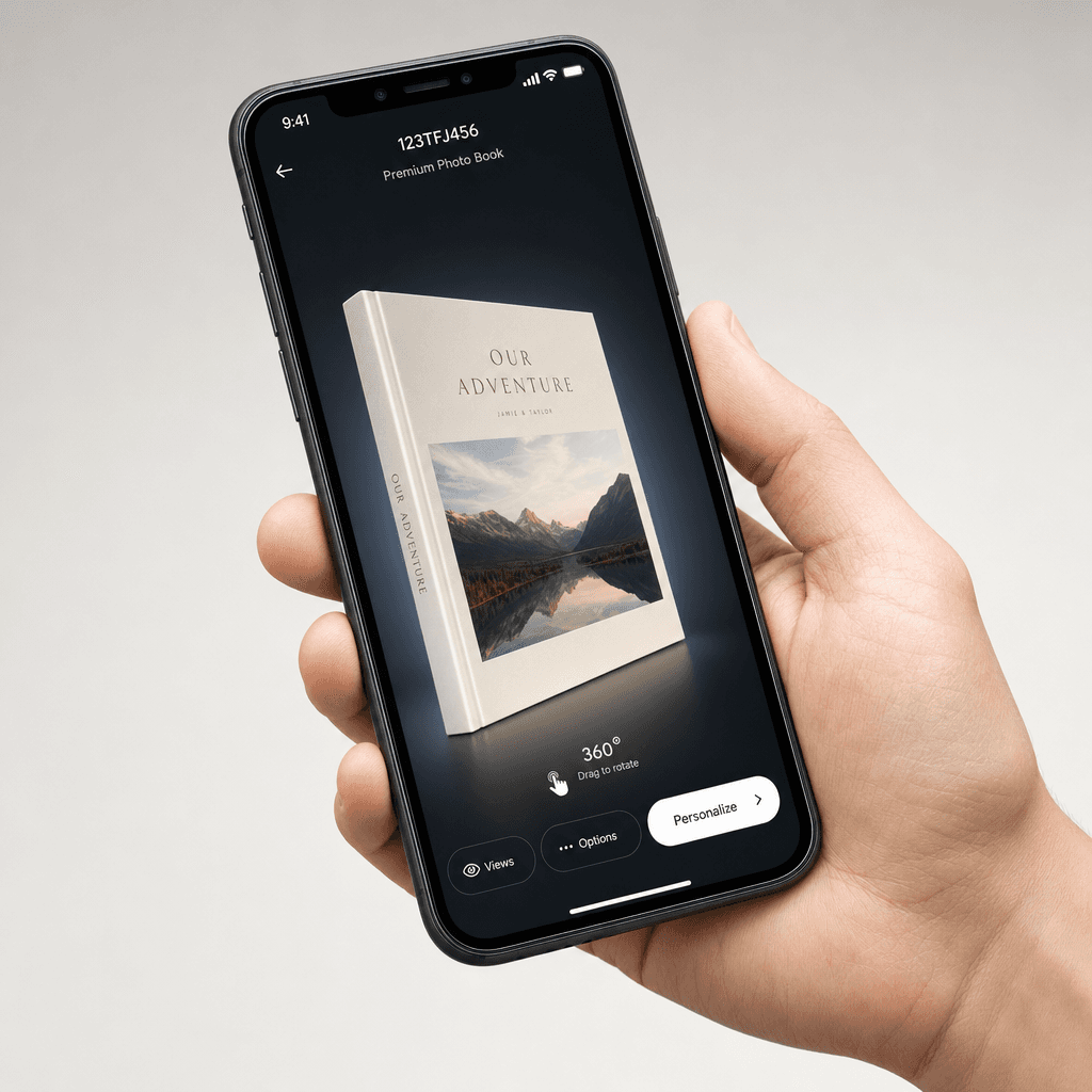 A photobook shown as a rotatable 3D model on a phone