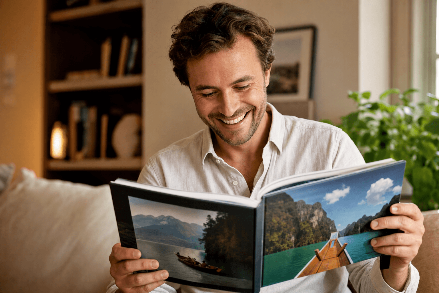 Martin holding his finished photobook, smiling with delight