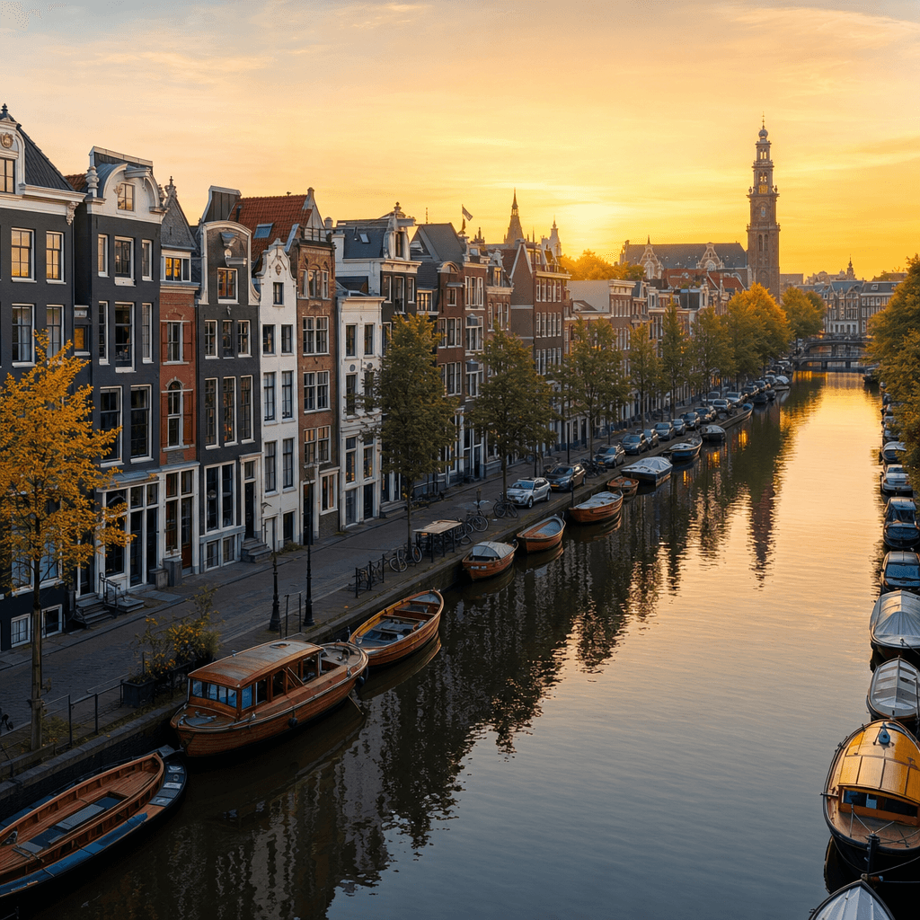 Aerial view of Amsterdam canal houses at golden hour