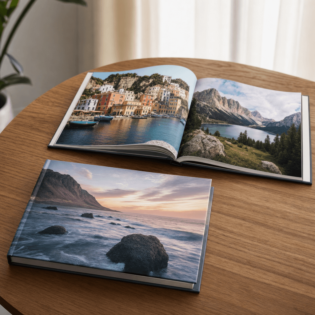 Two hardcover photobooks on a warm oak wood surface