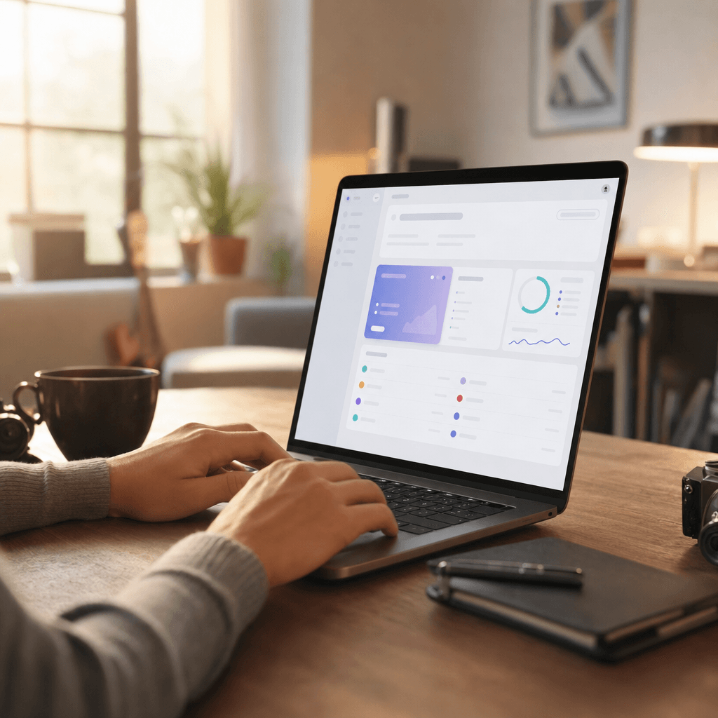 Hands on a laptop with a sleek beta app on screen