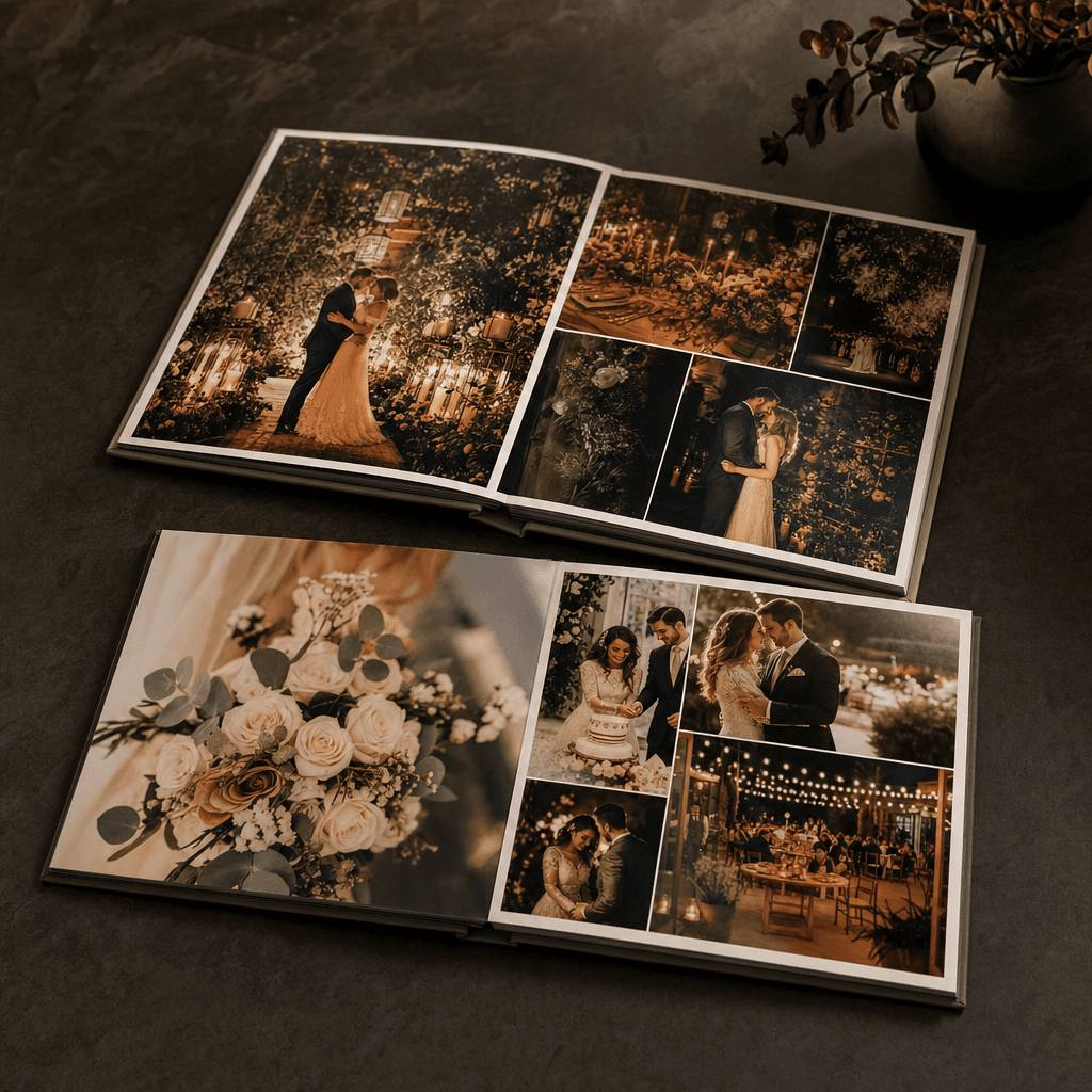 Two open premium layflat photobooks on dark slate