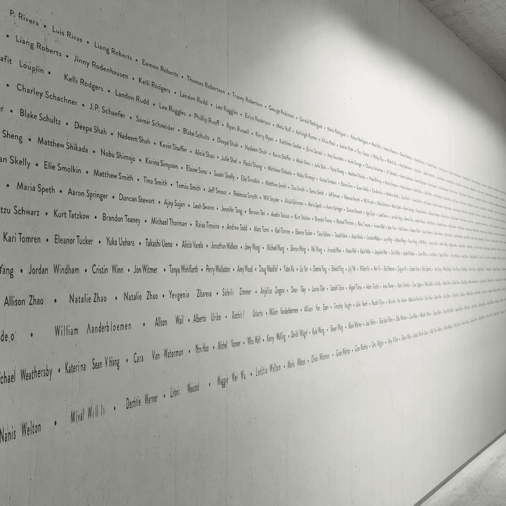 Studio wall with hundreds of backer names printed in clean rows