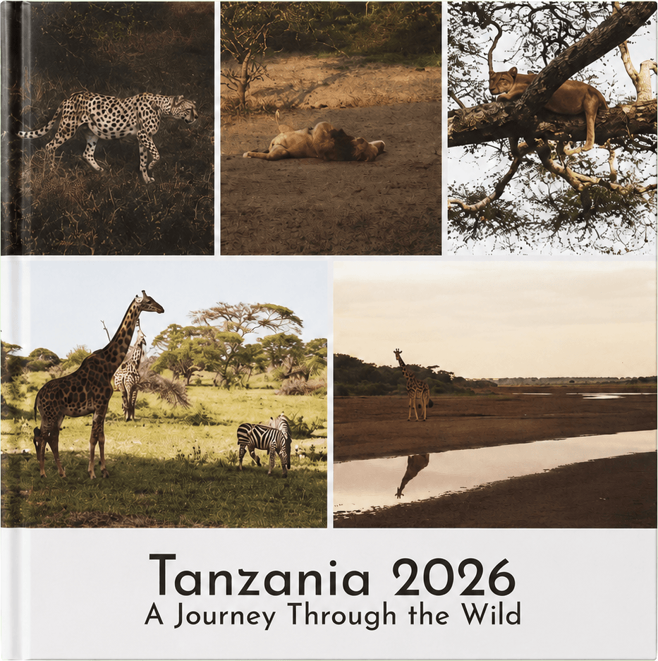 A layflat photobook cover with a full-bleed safari photo collage